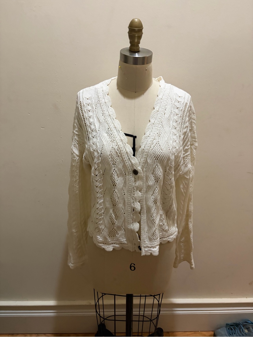 Altar'd State Cream Open-Knit V-Neck Button Cardigan